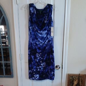 Lauren Ralph Lauren ESSENTIALS  Blue Floral Scoop Neck Sleeveless Midi Dress
